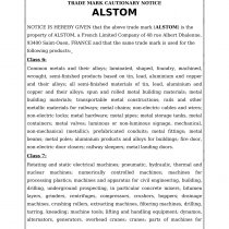 TRADE MARK CAUTIONARY NOTICE ALSTOM